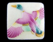 Toshikane Flying Duck button Purple Pink Wings Green Body Gold Beak Hand Painted Arita Porcelain Japanese Microart Jewelry or Sewing