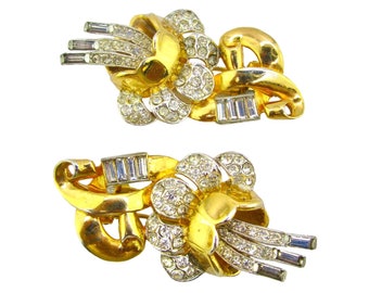 Coro Camellia Fur Clips/Pave Clear Chatons /Baguette Rhinestones /Set in Rhodium & Gold Plate/