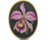 Toshikane Purple ORCHID Oval Tile Arita Porcelain Floral Green Leaves Fuchsia Gold Yellow Hand Painted Botanical Black Ceramic NOT BUTTON
