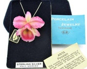 Toshikane Large ORCHID Necklace 3D CATTLEYA Pendant Brooch Combo HandPainted Arita Porcelain Purple Pink Gold Yellow White Ceramic Flower