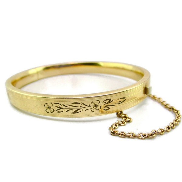 Victorian Gold Filled Hinged Bangle/ B.A. Ballou & Co. Inc. 1/20 12K GF/Rose Gold Engraved Floral Motif/ Security Chain