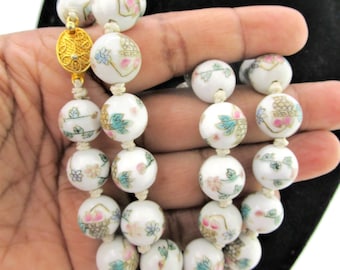 White Cloisonne Necklace/Chinese Export Gold Filigree Floral Clasp/ Enamel Beads Pink Flowers and Foliage /Silk Cord Hand Knotted