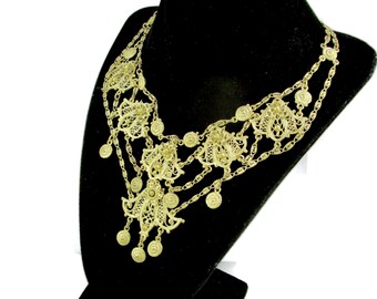 Indo-Craft Filigree Bib Necklace/Rice Weiner Gold Tone Finish/Paper Clip Snail links/Faux Cannetile Coils/Middle Eastern Style Swags