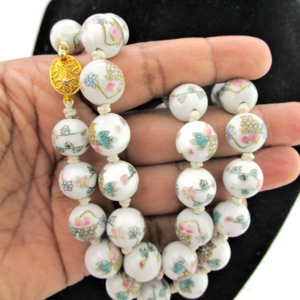 White Faux Cloisonne Necklace/Chinese Export Filigree Floral Clasp/Hand Painted Porcelain / Pink Flowers and Foliage /Silk Cord Hand Knotted