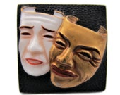 トシカネ Toshikane Comedy Tragedy Flat BackTile Japanese Hand Painted Arita Porcelain Square Black Gold White Ceramic Melpomene Thalia Masks