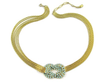 Pennino Love Knot Necklace/Turquoise Glass Reef Knot Choker/Gold Tone Multi Chains -Unsigned