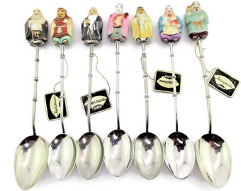 Toshikane Fortune gods Spoons Set/3D  Figural Finials and Bamboo Stems/Hand Painted Arita Porcelain/ Demitasse Sterling Silver/Tokyo Japan
