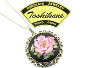 Toshikane Cornelia Rose Necklace Fluffly Pink Flower, Lilacs , buds Foliage Solid 925 Silver Bezel Japanese Hand Painted Arita Porcelain