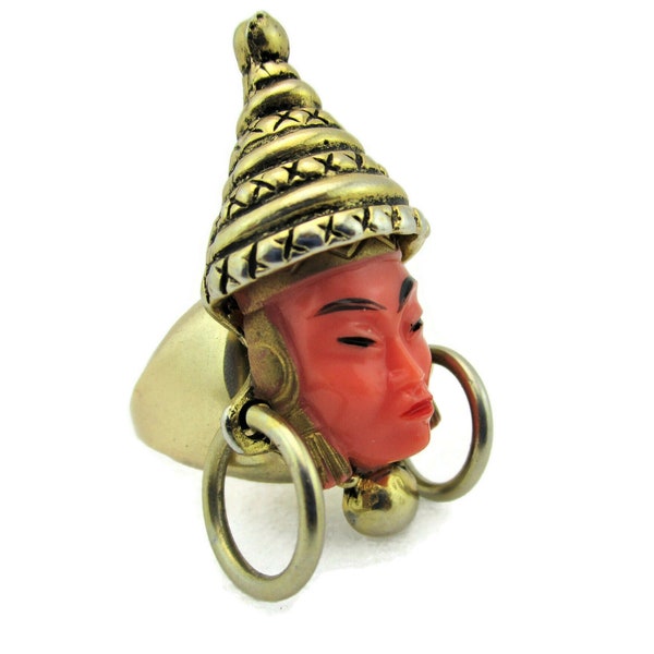 Selro Koralle asiatische Prinzessin Ring / solide Lucite Gesicht /Classic Thai Mädchen spitz Kopfschmuck /Gold Ton verstellbar- Split/Fancy Cocktail Ring