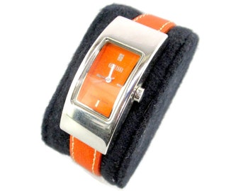 Ecclissi 925 Sterling Silver Watch 22795/Oblong Bezel/Orange Dial/Genuine Leather Band/ New Battery/ Moisture Resistant/