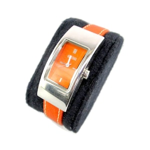 Ecclissi 925 Sterling Silver Watch 22795/Oblong Bezel/Orange Dial/Genuine Leather Band/ New Battery/ Moisture Resistant/