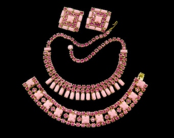 Pink Milk Glass & Rhinestones Parure Set/Prong Set Chaton Rhinestones/ Pastel Baguette Stones/Gold Tone  Necklace Earrings and Bracelet