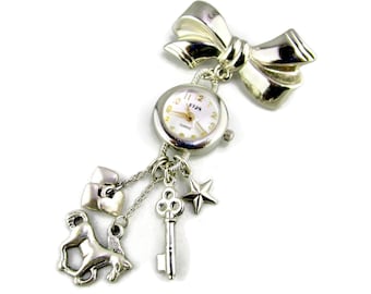 1928 Lapel Watch Brooch/Key Heart stars Horse Charms/ Silver Tone Bow Ribbon  Pin/Quartz Movement Timepiece/New Battery