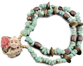 天然ボケ Japanese NETSUKE Necklace /happy Flower Boy /polychrome