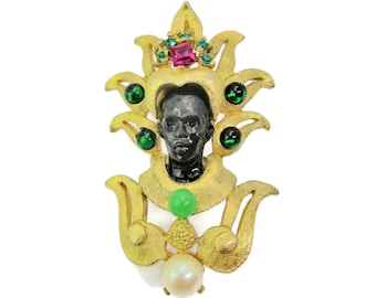 Mazer Nubian African Man Brooch/Jomaz Blackamoor Gold Tone Pin/ Black Enamel Face/Square Fuchsia & Green Rhinestones /Glass Cabs
