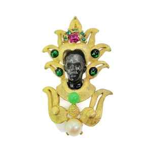 Mazer Nubian African Man Brooch/Jomaz Blackamoor Gold Tone Pin/ Black Enamel Face/Square Fuchsia & Green Rhinestones /Glass Cabs