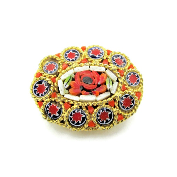 Italian Mosaic Brooch/Oval Scatter Pin/Red & Blue Millefiori Star Slices /Red Micro Mosaic Flower/Gold Tone Roped Bezels/ Botanical Jewelry