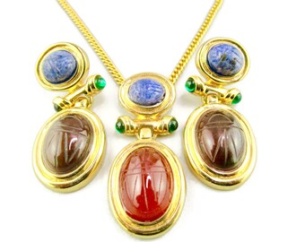 Givenchy Egyptian Revival Scarab Earrings Necklace/Faux Gripoix Jewel Tone Cabochons/Carnelian & Lapis Lazuli Beetles/Gold Electroplated