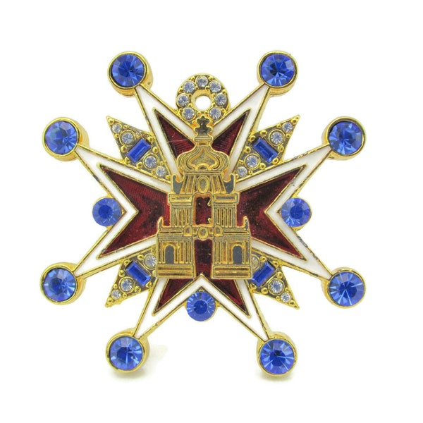 Cross of Malta Romanov Brooch/Clear & Blue Chatons/Blue Baguette Rhinestones/Red Enamel 8 Point Maltese Cross/Museum Company/Fabergé Replica