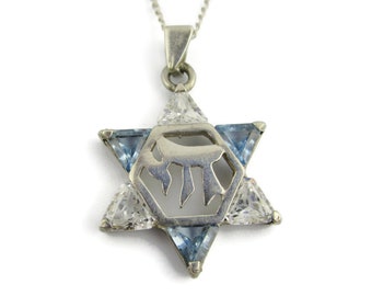 Topaz Chai Star Necklace/Sterling Silver Magen David Pendant/Trillion Cut Stones/Jewish Judaica /3.7 grams