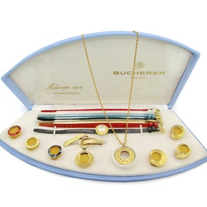 Bucherer 17 Jewels Gold Filled Deluxe Uhren Set/Mit Papieren/&quot;Uhren mit vielen Gesichtern&quot;/7 Lünetten mit Anhänger & Brosche/Lederbänder/17 Juwelen