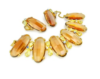 Schiaparelli Bracelet & Earrings/Oversized Oval Lt Topaz Cushion Cut Stones/Jonquil Yellow Kites/Ab Chatons/Unfoiled Rhinestones