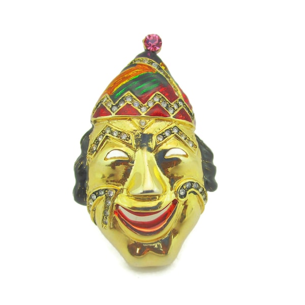 Staret Style Clown Brooch/Rainbow Enamel Harlequin Jester Hat / Clear Rhinestones  High Gloss Gold Tone Pin/Broad Smile Painted  Red Lips/