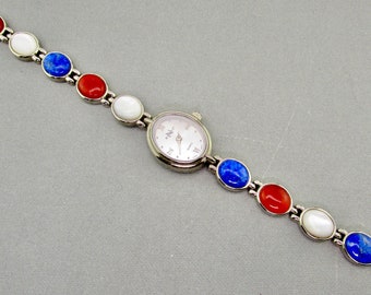 Lapis Lazuli Quartz Watch /Carnelian Mother of Pearl Cabochons/N.Moore Silver Tone Bracelet/ Japan Movement/New Battery/ Roman Numerals