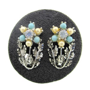 Coro Flower Earrings/ White Faux Pearls/Turquoise Blue Ballotini Beads/Silver tone Leaves /Clear Rhinestones / Floral Clips