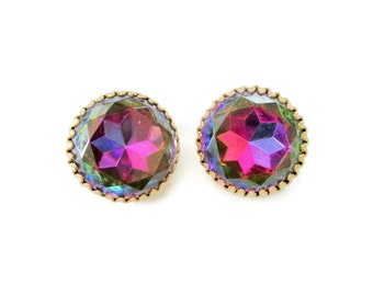 Elsa Schiaparelli Watermelon 1 1/8" Earrings/Rainbow Shades of Purple Pink Blue Green/ Prong Set Stones/Gold Tone Clip-Ons