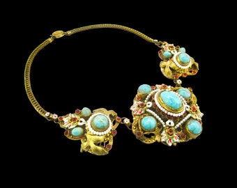 Ernest Steiner Austro Hungarian Necklace/Art Nouveau Gilt Brass  Setting/Turquoise Matrix Glass Cabochons & Faux Pearls/Ruby Red Rhinestones