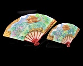 Large Toshikane Japan Fan Brooch Summer Pagoda Garden Red Spines Arita Porcelain Floral Green Gold Blue Brown Hand Painted 3D Kojima Art