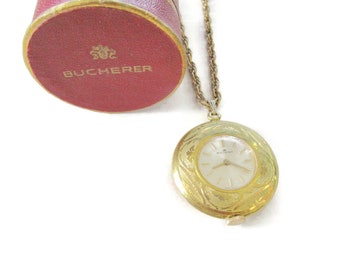 Bucherer Necklace Watch/17 Jewel Movement/Champagne Dial/30" Rope Chain / 30mm  Gold Floral Etched Case