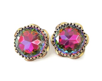 Elsa Schiaparelli Watermelon 1 1/4" Earrings/ Scalloped Edge Gold Tone/ Prong Set Stones/Clip-Ons