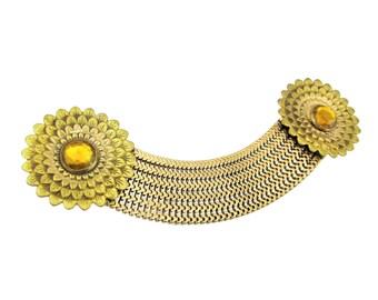 Hebilla Art Nouveau/Latón dorado dorado checo Art Deco/Cosido en vestido Cierre de abrigo de capa/Flores de dalia Piedra de cristal citrino/Conector de malla flexible