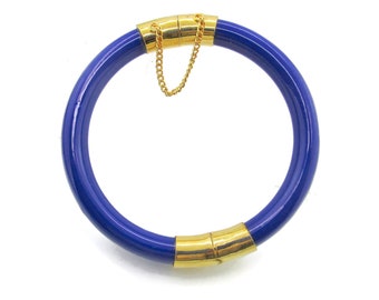 Dyed Quartz Mandarin Hinged Bracelet/ Chinese Export  14k Gold Plated Bangle/Faux Lapiz Lazuli Blue stone with Safety Chain