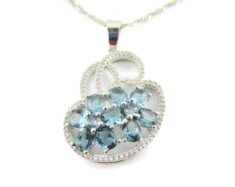 925 Floral Cloud Shaped  Pendant Necklace/Sterling Silver Singapore chain /Flowers with Oval Blue Topaz Stones/Small Clear Crystals/6.2grams