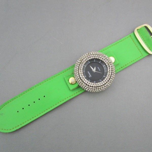 Green Hippie Watch Band/Oversized Geneva Platinum Quartz Timepiece/ New Battery/ Black Dial Pave Rhinestone Bezel /Faux Leather Leatherette