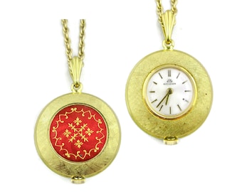 Bucherer Necklace Watch/Red Enamel Guilloche Fleur de Lis/Wind Up Mechanical/Champagne Gold Dial/12k Gold Filled Rope Chain