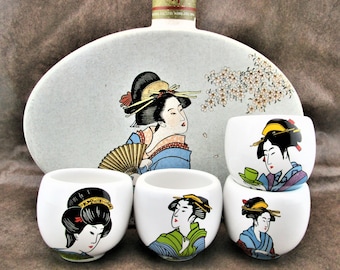 Geisha Sake Set/japanese Wide Kikukawa Flask/ukiyo-e Beauties by