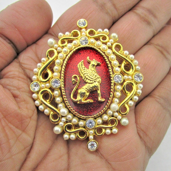 1996 Palaces of St.Petersburg Volunteer Brooch/Rhinestones Faux Pearls/Griffin Emblem Red Enamel Oval/Museum Company Pendant/Fabergé Replica