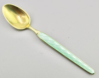 Green Guilloche Sterling Spoon/ABSA Denmark/Vermeil Gold over 925/Danish Diamond Design on Enamel Handle /Demitasse 3.75inch