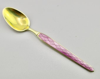 Mauve Guilloche Sterling Spoon/ABSA Denmark/Vermeil Gold over 925/Danish Diamond Design/ Plum Purple Enamel Handle /Demitasse 3.75inch