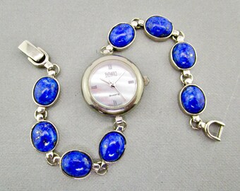 Lapis Lazuli Quartz Watch/Badavici 925 Sterling Silver/Blue Gold Cabochons/Japan Movement/New Battery/ Roman Numerals