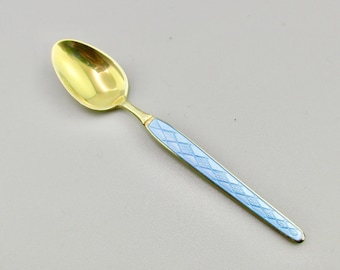 Blue Guilloche Sterling Spoon/ABSA Denmark/Vermeil Gold over 925/Danish Diamond Design on Enamel Handle /Demitasse 3.75inch