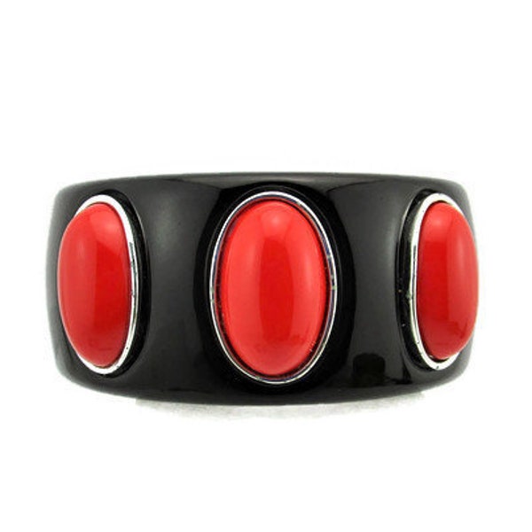 Wide Black Lucite MOD Bracelet/Red Oval Cabochons in Silver Tone Bezels/Francesca Romana Art Deco style/Kenneth Jay Lane Type Bangle design