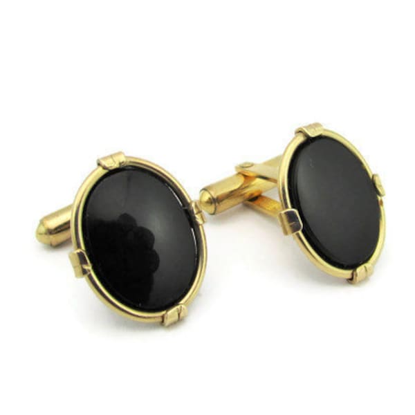 B.A Ballou & Co 12k Gold Filled Onyx Swivel Cufflinks/Black Oval Cabochons/Gold Setting/Signed 1/20 12k GF B.A.B /Bullet Toggle /UNISEX