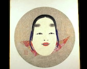 Ko-Omote Noh Mask Shikishi Board Silk Collage Mixed Media Young Lady handmade Picture Signed Japanese Noh Shikishi Repoussed Woman Face