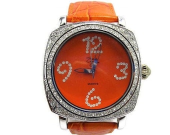 Suzanne Somers Orange Leather Watch, Silver Crystal Bezel - Etsy display picture 3