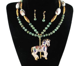 African Turquoise Cloisonne Pony Set/ Tang Horse White Enamel Pendant/Carousel Equestrian/ Oriental Enamel Equine /Chinese Enamel Flowers